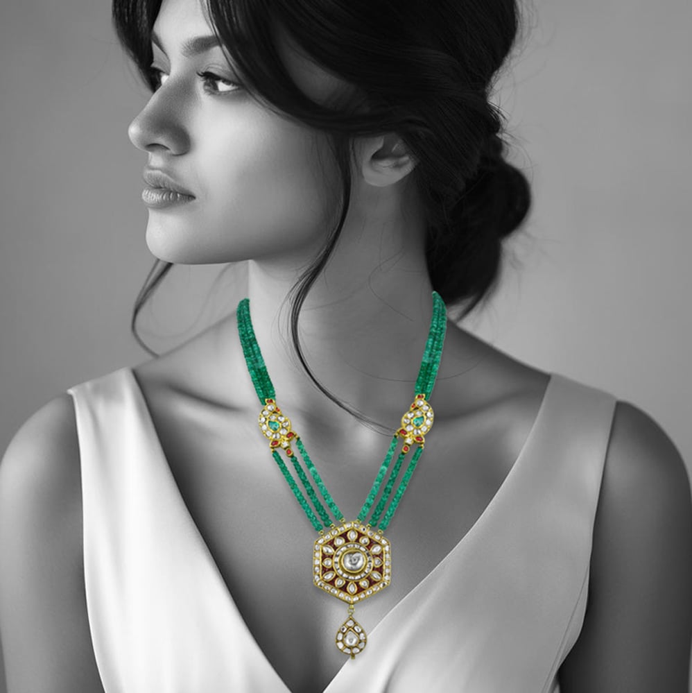 Triple-Strand Emerald Necklace with Red Stone, and Polki